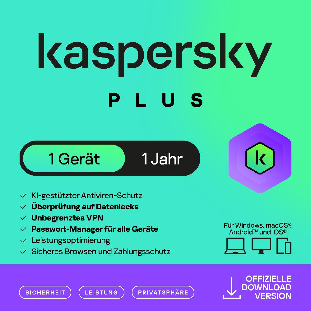 Kaspersky Plus (1 Device - 1 Jahr) DACH ESD