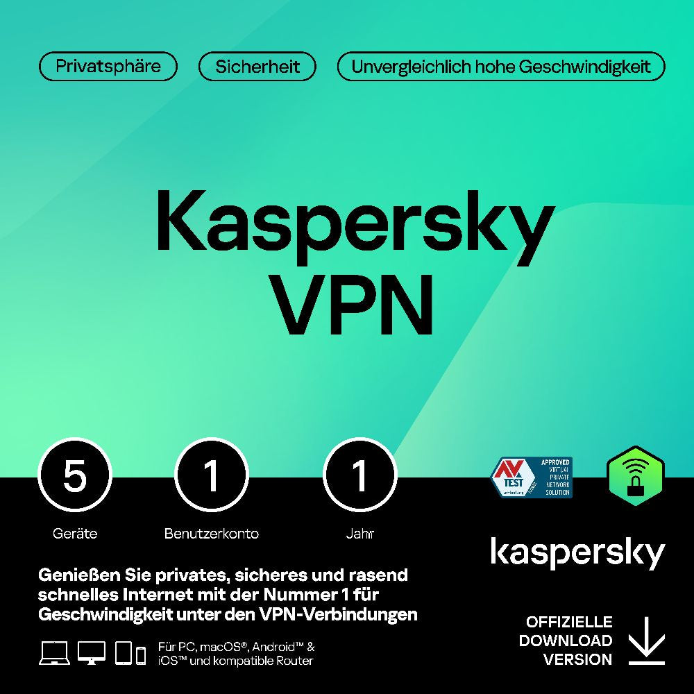 Kaspersky Secure Connection VPN (1 User+ 5 Device - 1 Jahr) DACH ESD